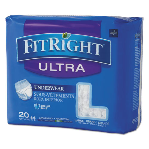 Medline FitRight Ultra Protective Underwear, Large, 40" to 56" Waist, 20/Pack, 4 Pack/Carton